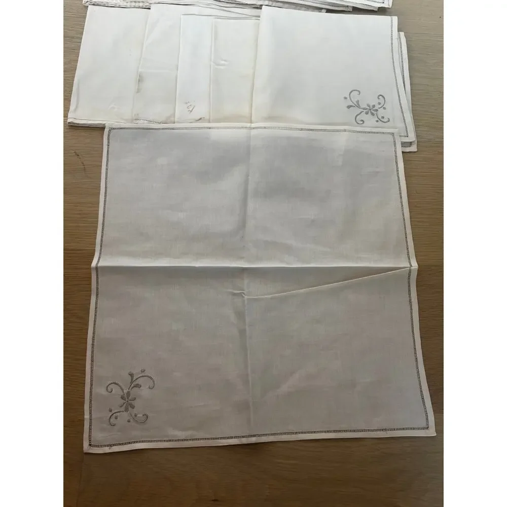 Set 12 Vintage Linen Napkins Gray Embroidered Corner Hemstitched 16